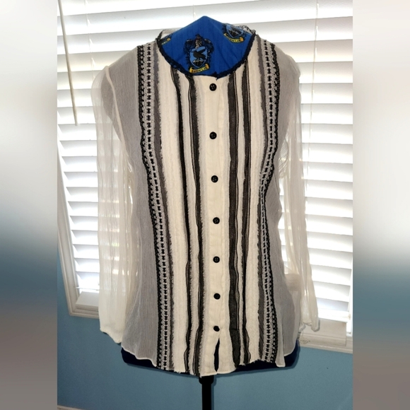 Alice + Olivia White and Black Small Silk Sheer Button Up Blouse - Picture 1 of 6